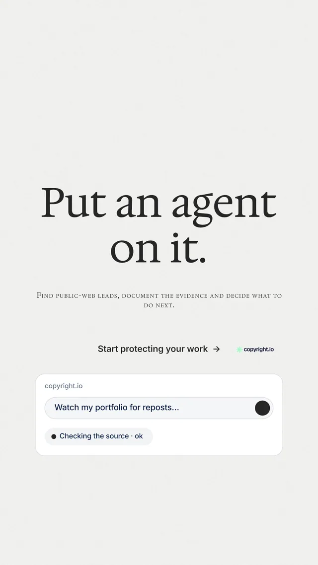 Instagram story for copyright.io: "Put an agent on it." Minimal luxury style, smallcaps layout, light palette in white.