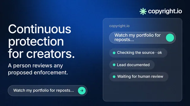 Landscape graphic for copyright.io: "Continuous protection for creators." Agentic glass style, bottom layout, dark palette in blue, black.