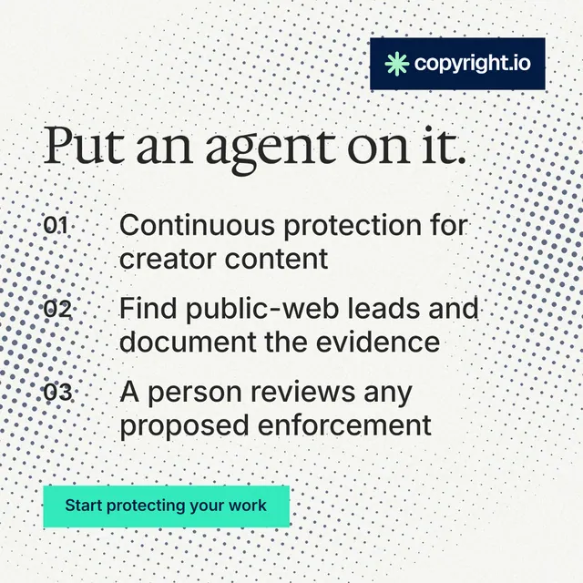 Instagram post for copyright.io: "Put an agent on it." Split block style, numbered layout, light palette in white, grey, green.