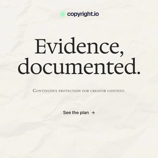 Instagram post for copyright.io: "Evidence, documented." Editorial style, smallcaps layout, light palette in white, grey.