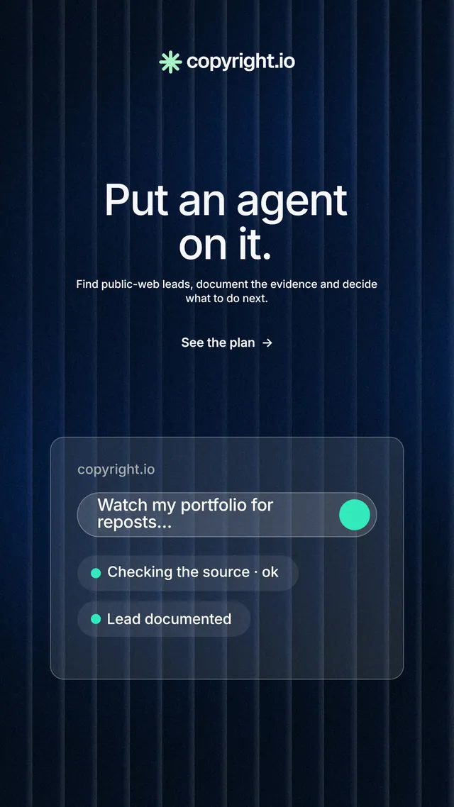 Instagram story for copyright.io: "Put an agent on it." Minimal luxury style, centred layout, dark palette in black, blue.