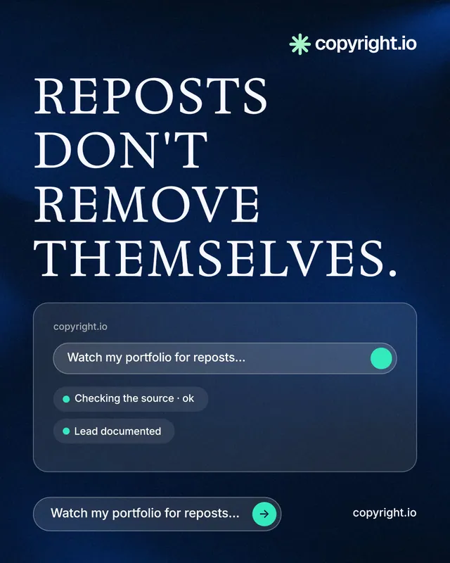 Instagram portrait post for copyright.io: "Reposts don't remove themselves." Agentic glass style, poster layout, dark palette in blue, black.