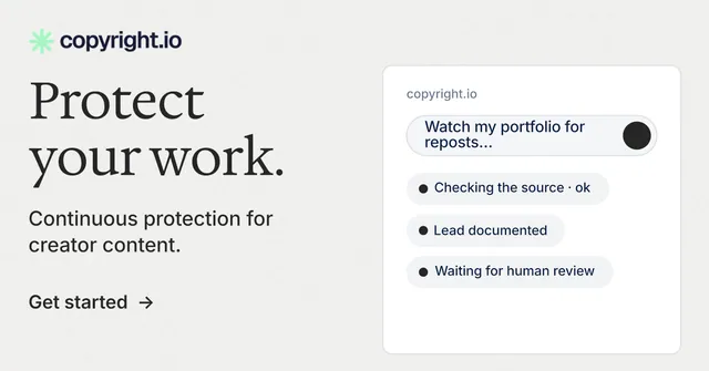 Social ad for copyright.io: "Protect your work." Minimal luxury style, bottom layout, light palette in white.