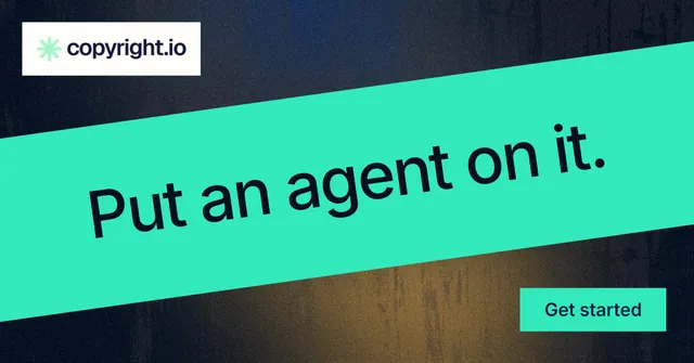 Social ad for copyright.io: "Put an agent on it." Swiss style, diagonal layout, light palette in teal, blue, grey.