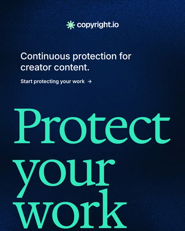 Instagram portrait post for copyright.io: "Protect your work." Minimal luxury style, oversized layout, dark palette in blue, black, teal.