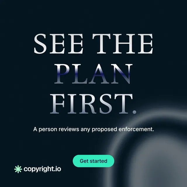 Instagram post for copyright.io: "See the plan first." Y2K style, centred layout, dark palette in black, grey, blue.