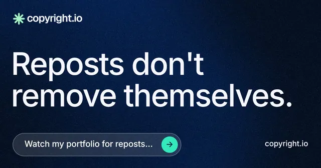Social ad for copyright.io: "Reposts don't remove themselves." Agentic glass style, poster layout, dark palette in blue, black, grey.
