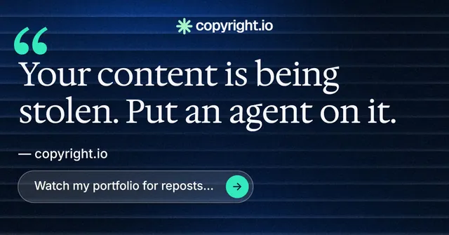 Social ad for copyright.io: "Continuous protection for creators." Agentic glass style, quote layout, dark palette in blue, black.