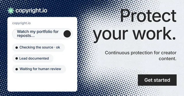 Social ad for copyright.io: "Protect your work." Retro print style, right layout, light palette in white, blue, grey.