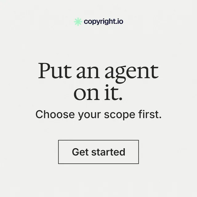 Instagram post for copyright.io: "Put an agent on it." Editorial style, skeleton layout, light palette in white, grey.