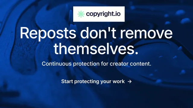 Landscape graphic for copyright.io: "Reposts don't remove themselves." Minimal luxury style, centred layout, dark palette in black, blue.