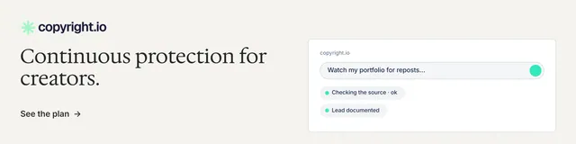 LinkedIn banner for copyright.io: "Continuous protection for creators." Minimal luxury style, bottom layout, light palette in white, grey.
