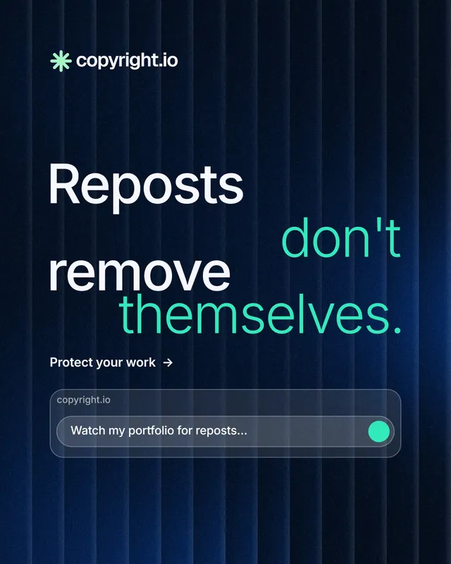 Instagram portrait post for copyright.io: "Reposts don't remove themselves." Minimal luxury style, stacked layout, dark palette in blue, black.