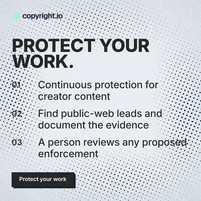 Instagram post for copyright.io: "Protect your work." Brutalist style, numbered layout, light palette in blue, white, grey.