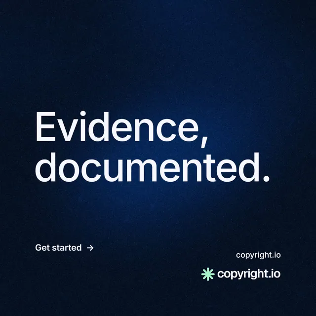 Instagram post for copyright.io: "Evidence, documented." Minimal luxury style, poster layout, dark palette in black, blue.