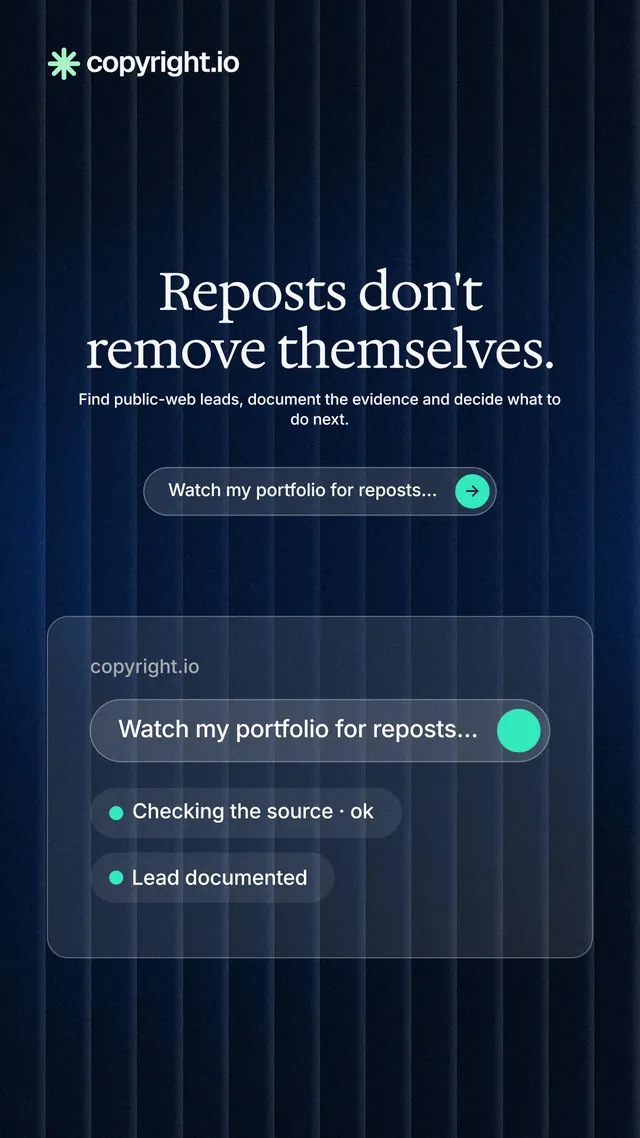 Instagram story for copyright.io: "Reposts don't remove themselves." Agentic glass style, centred layout, dark palette in black, blue.