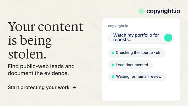 Landscape graphic for copyright.io: "Your content is being stolen." Minimal luxury style, bottom layout, light palette in white, grey.