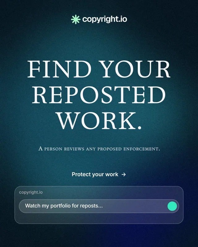 Instagram portrait post for copyright.io: "Find your reposted work." Agentic glass style, smallcaps layout, dark palette in blue, black.