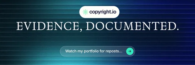 X header for copyright.io: "Evidence, documented." Agentic glass style, centred layout, dark palette in blue, teal.
