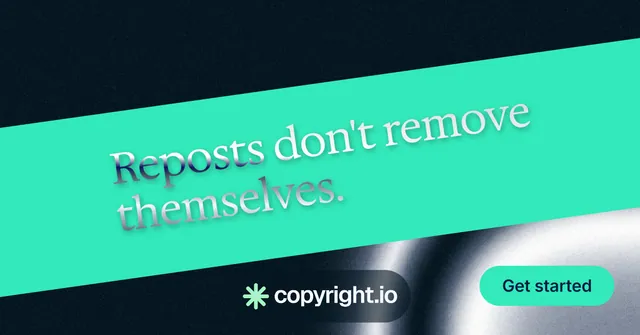 Social ad for copyright.io: "Reposts don't remove themselves." Y2K style, diagonal layout, light palette in teal, black.