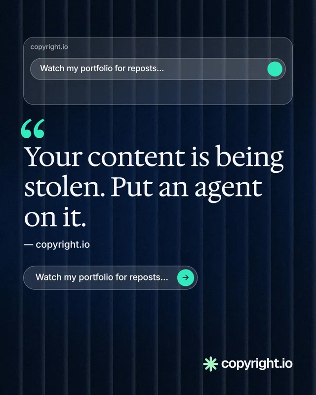 Instagram portrait post for copyright.io: "Protect your work." Agentic glass style, quote layout, dark palette in black, blue, grey.