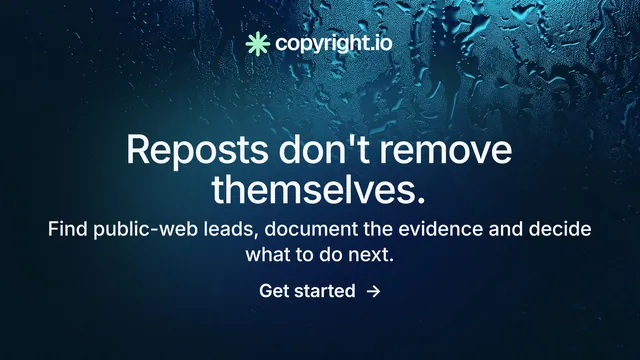 Landscape graphic for copyright.io: "Reposts don't remove themselves." Minimal luxury style, skeleton layout, dark palette in blue, black.