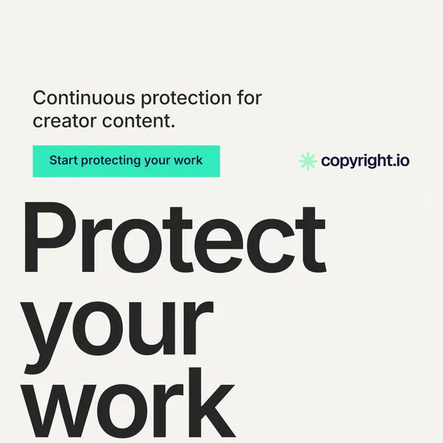 Instagram post for copyright.io: "Find your reposted work." Swiss style, oversized layout, light palette in white, grey.