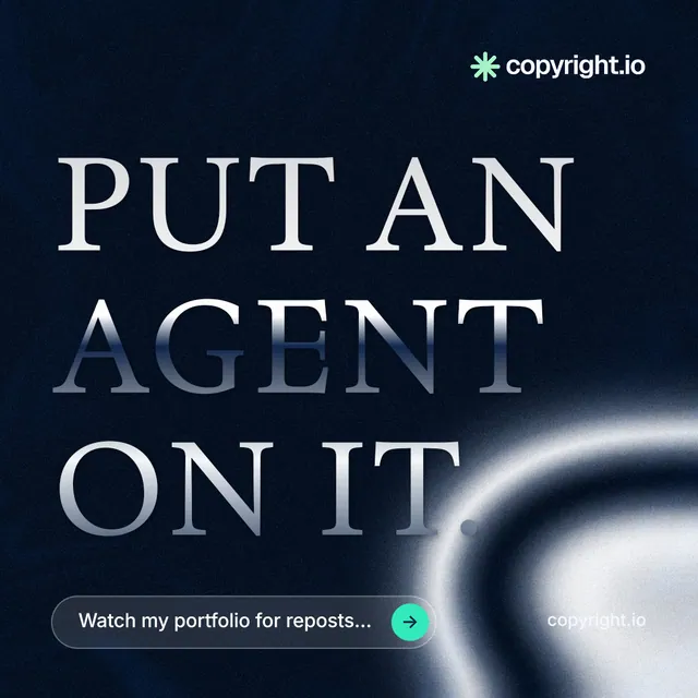 Instagram post for copyright.io: "Put an agent on it." Agentic glass style, poster layout, dark palette in black, grey.