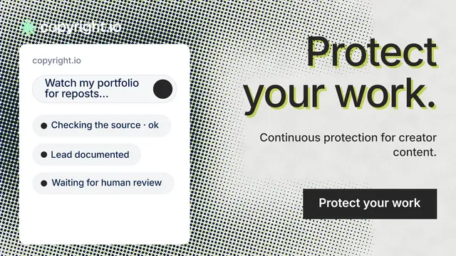 Landscape graphic for copyright.io: "Protect your work." Swiss style, right layout, light palette in white, grey.