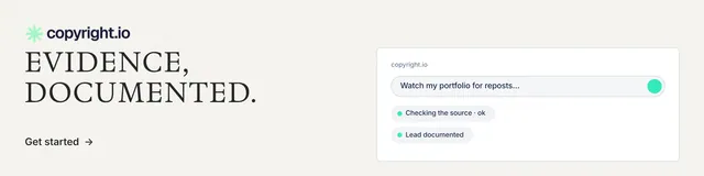 LinkedIn banner for copyright.io: "Evidence, documented." Minimal luxury style, bottom layout, light palette in white.