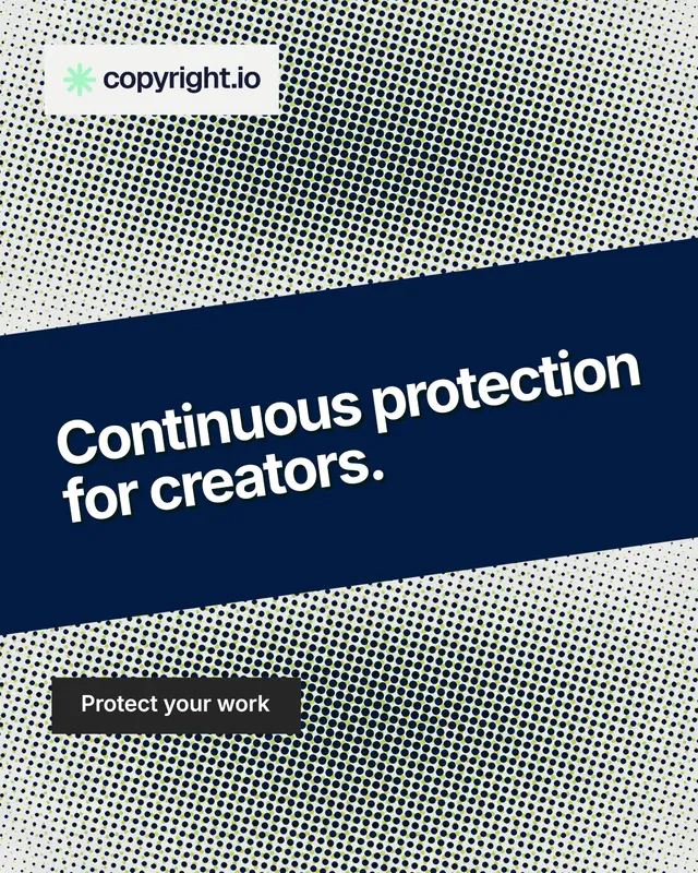 Instagram portrait post for copyright.io: "Continuous protection for creators." Swiss style, diagonal layout, light palette in blue, grey, white.