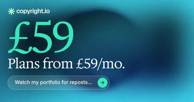 Social ad for copyright.io: "Protect your work." Agentic glass style, stat layout, dark palette in blue, teal.