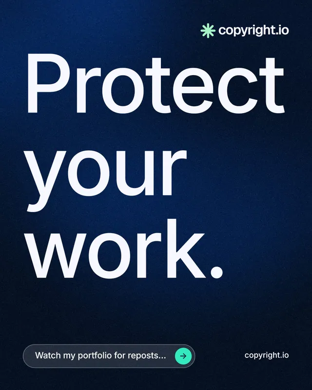 Instagram portrait post for copyright.io: "Protect your work." Agentic glass style, poster layout, dark palette in blue, black, grey.