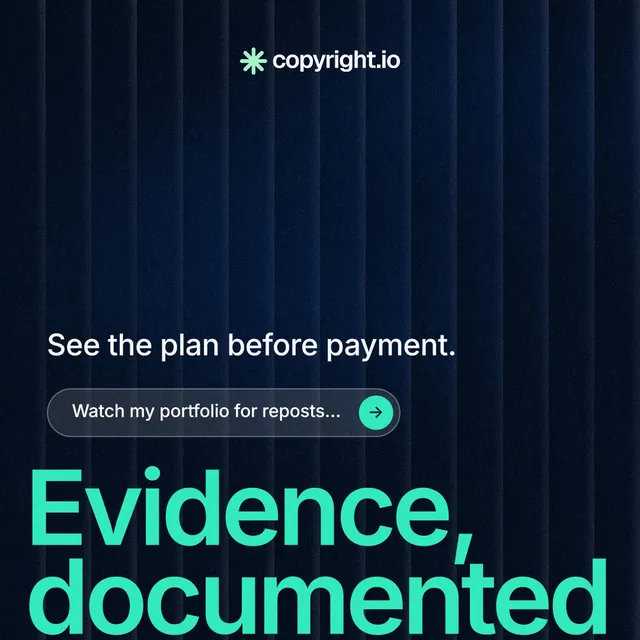 Instagram post for copyright.io: "Your content is being stolen." Agentic glass style, oversized layout, dark palette in black, teal.
