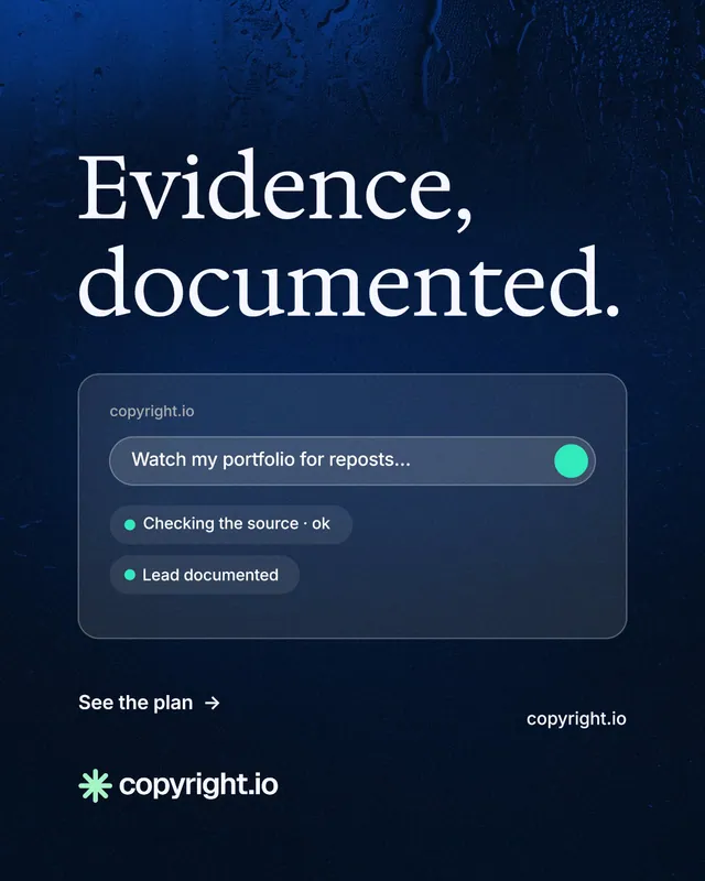 Instagram portrait post for copyright.io: "Evidence, documented." Minimal luxury style, poster layout, dark palette in blue, black.