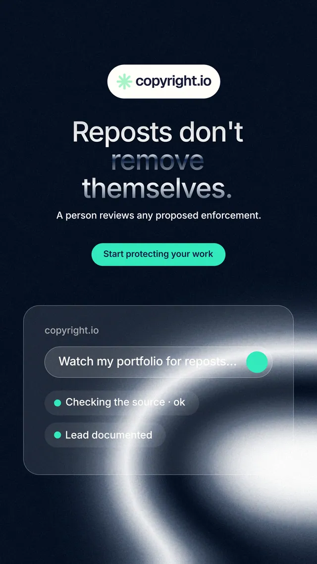Instagram story for copyright.io: "Reposts don't remove themselves." Y2K style, centred layout, dark palette in black, blue, grey.