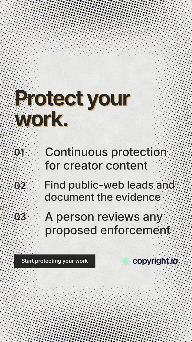 Instagram story for copyright.io: "Protect your work." Swiss style, numbered layout, light palette in grey, white.