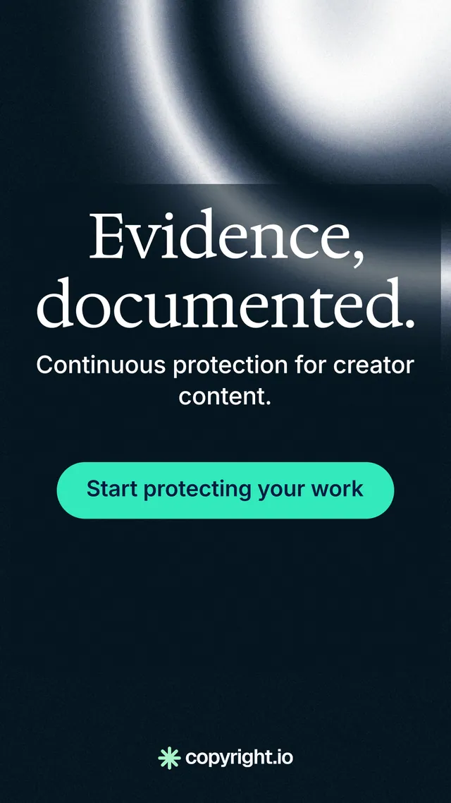 Instagram story for copyright.io: "Evidence, documented." Agentic glass style, skeleton layout, dark palette in black, grey, blue.