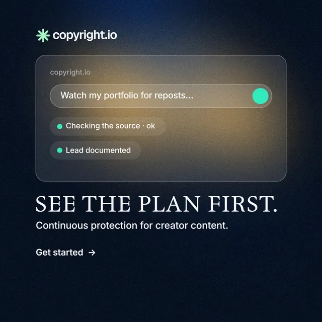 Instagram post for copyright.io: "See the plan first." Minimal luxury style, bottom layout, dark palette in blue, grey, black.