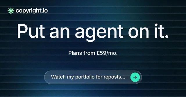 Social ad for copyright.io: "Put an agent on it." Agentic glass style, centred layout, dark palette in blue, black.