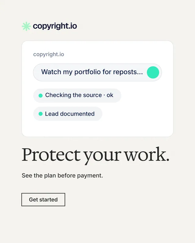 Instagram portrait post for copyright.io: "Protect your work." Editorial style, bottom layout, light palette in white, grey.