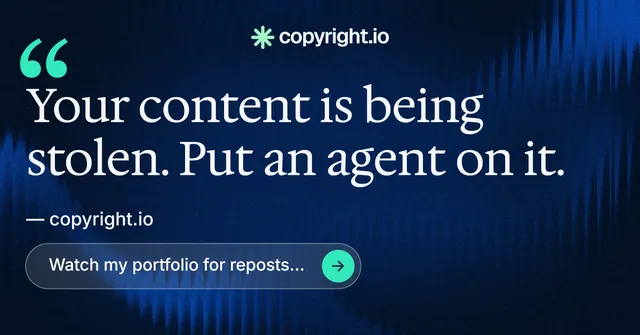 Social ad for copyright.io: "Protect your work." Agentic glass style, quote layout, dark palette in blue, black.