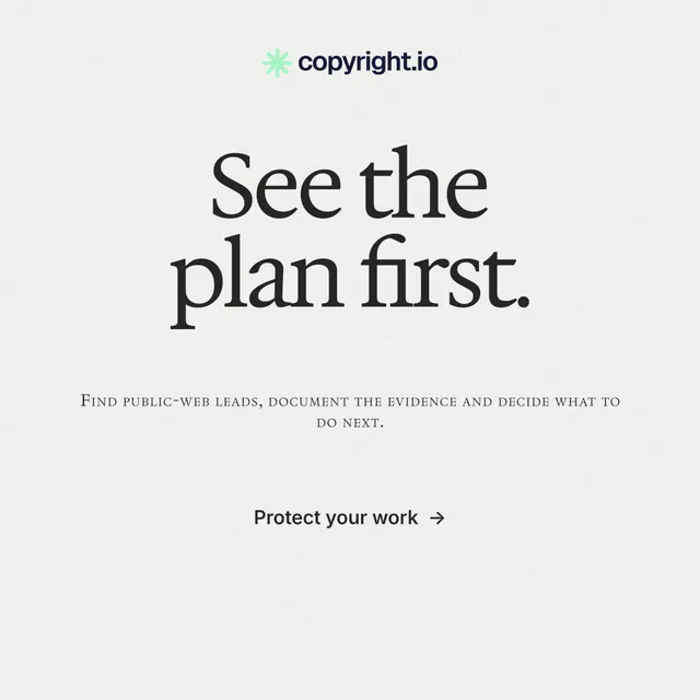 Instagram post for copyright.io: "See the plan first." Swiss style, smallcaps layout, light palette in white.