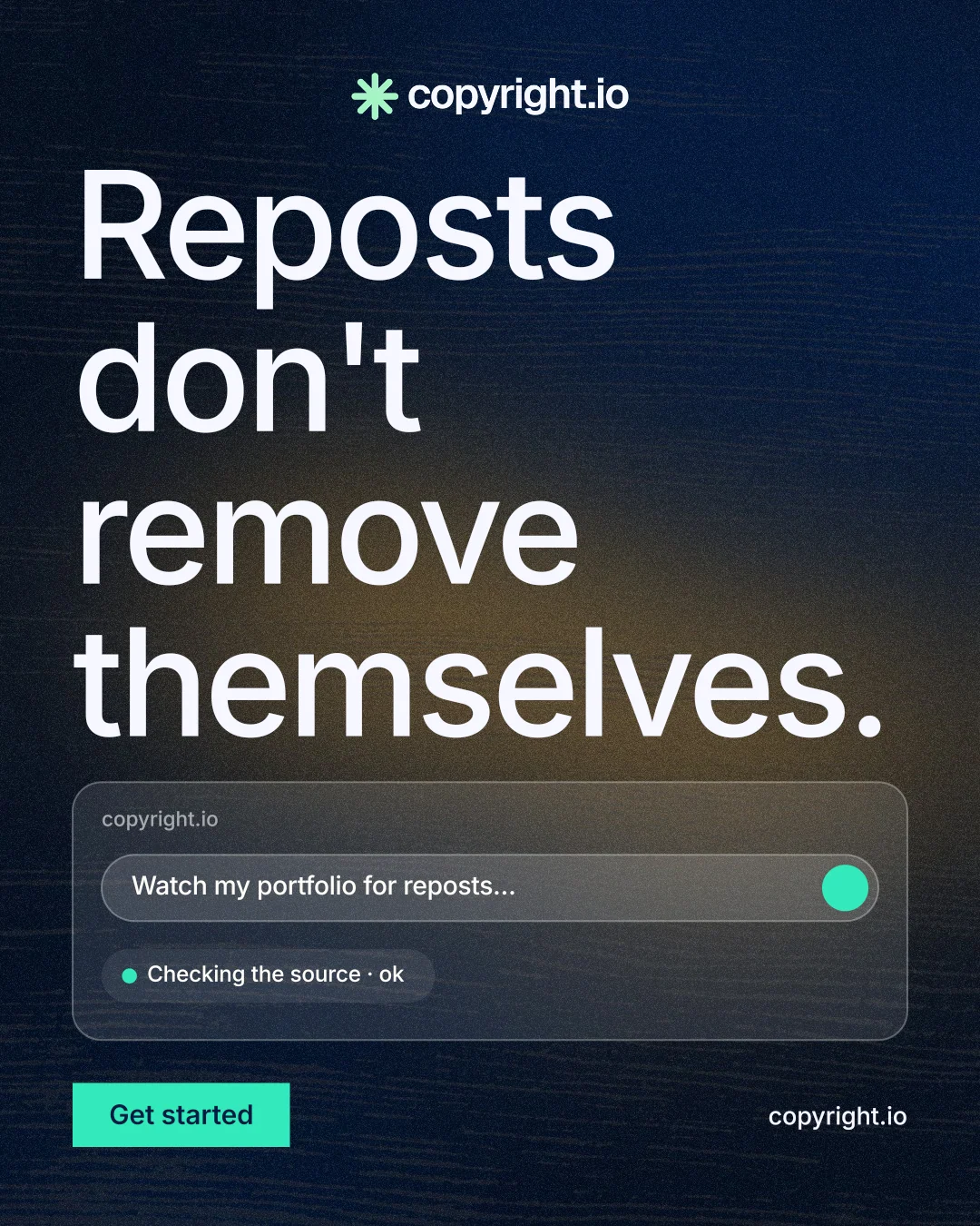Instagram portrait post for copyright.io: "Reposts don't remove themselves." Swiss style, poster layout, dark palette in black, grey, blue.