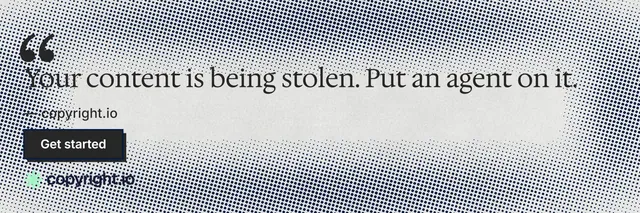 X header for copyright.io: "Protect your work." Brutalist style, quote layout, light palette in grey, white.
