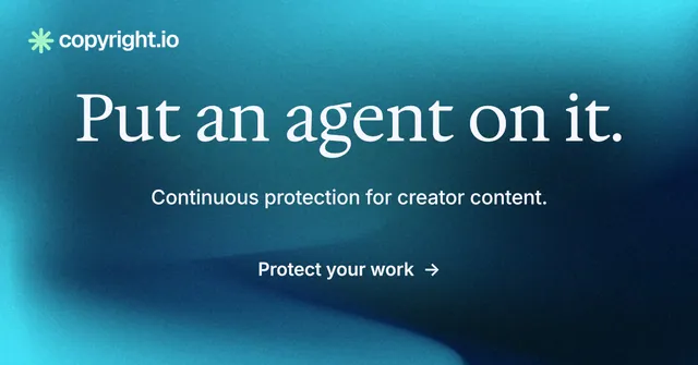 Social ad for copyright.io: "Put an agent on it." Minimal luxury style, centred layout, dark palette in blue, teal.