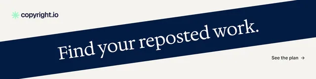 LinkedIn banner for copyright.io: "Find your reposted work." Minimal luxury style, diagonal layout, light palette in white, blue.