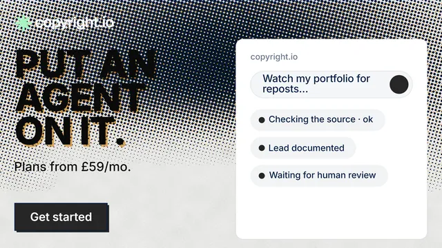 Landscape graphic for copyright.io: "Put an agent on it." Brutalist style, bottom layout, light palette in white, black, grey.