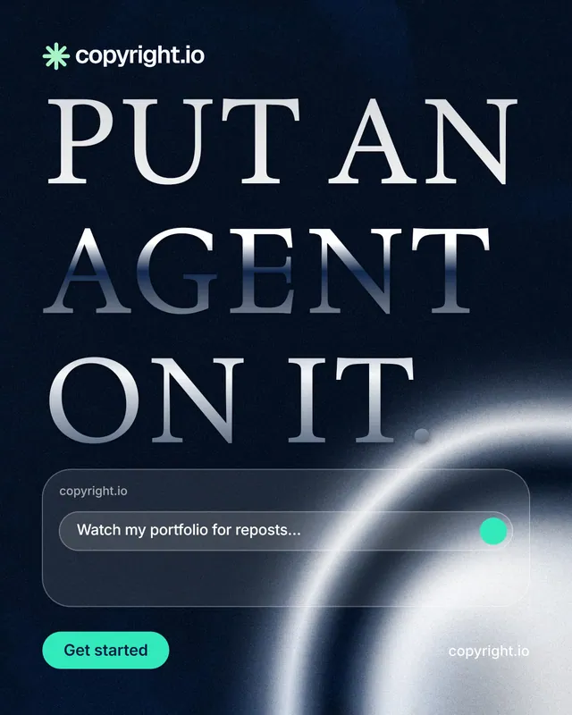 Instagram portrait post for copyright.io: "Put an agent on it." Y2K style, poster layout, dark palette in black, blue, grey.