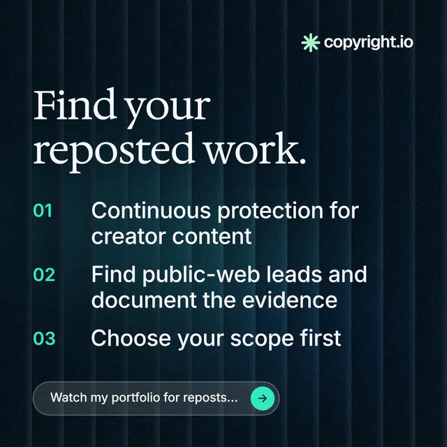 Instagram post for copyright.io: "Find your reposted work." Agentic glass style, numbered layout, dark palette in black, grey.